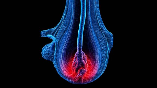 3D medical animation of a hair follicle bulb root showing red inflammation or laser treatment.