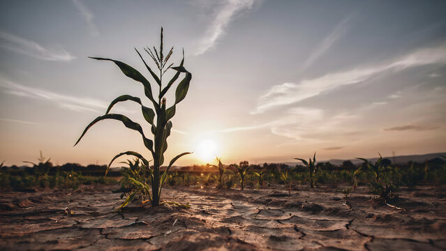 A single corn stalk growing in dry cracked soil during a sunset landscape