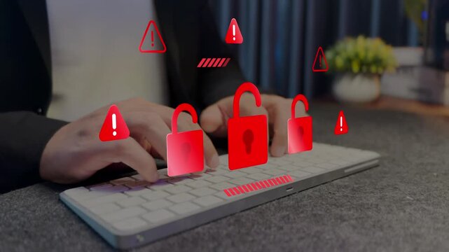 Hacking and system intrusion. Unauthorized access and account takeover. Unlocked padlock icons.