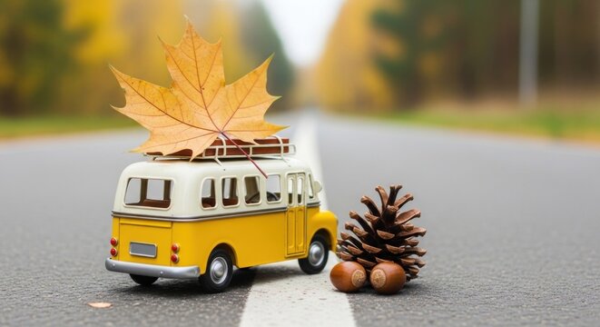 Miniature yellow camper van with autumn leaf on road.