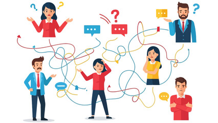 Fototapeta premium Confused people in tangled lines, communication problems, brainstorming, decision making