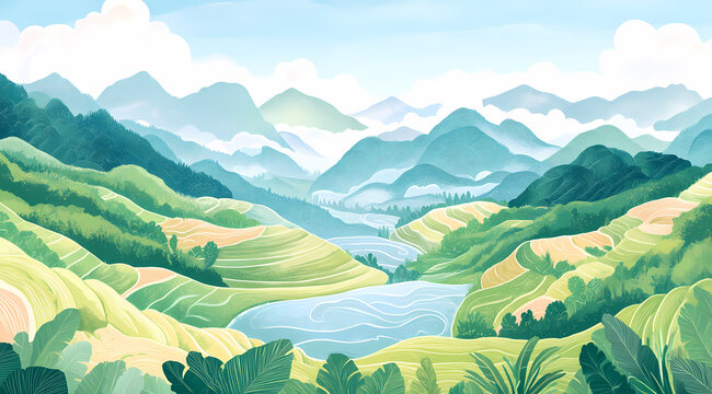 Peaceful Terraced Rice Paddies in Mountains