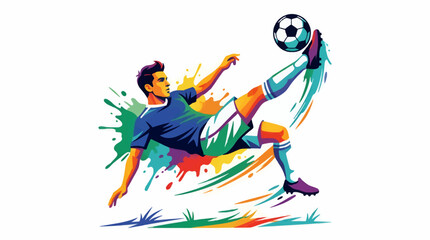 Obraz premium Dynamic Flat Vector Illustration of a Soccer Player Kicking a Ball with Colorful Paint Splashes and Motion Trails, Dynamic Sports Action