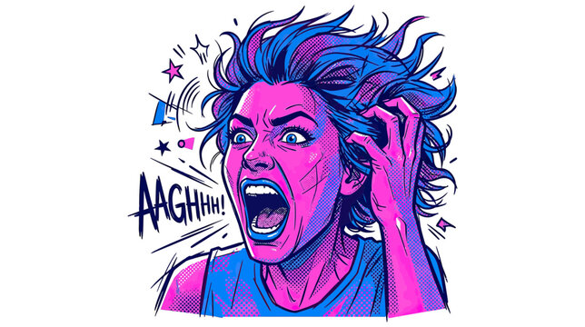 Woman Screaming in Frustration with Wild Hair