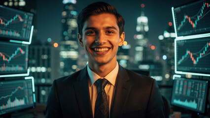 Fototapeta premium Smiling businessman in suit against city skyline and trading charts, ideal for finance, business and technology