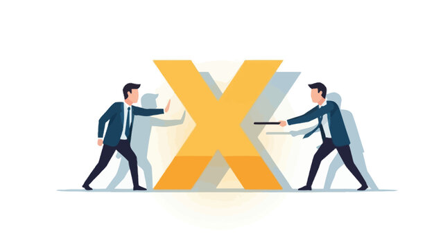 Businessmen fighting over big yellow letter X, competition concept