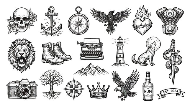 Vintage Sketch Style Illustrations of Iconic Symbols