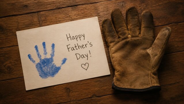 Handmade father day greeting card featuring a blue handprint next to a worn leather glove