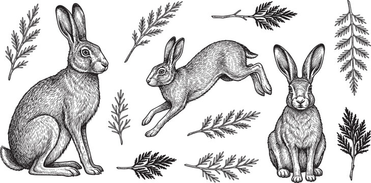 Vintage Hand Drawn Rabbit and Hare Vector Clip Art Set with Pine Branches for Woodland Animal Engraving Logos and Forest Wildlife Illustration Designs