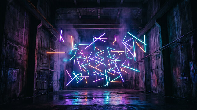 neon lights in dark warehouse space