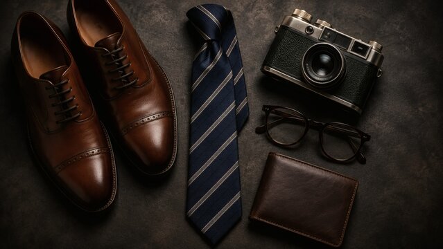 Polished brown leather dress shoes with a striped necktie and vintage camera on dark surface
