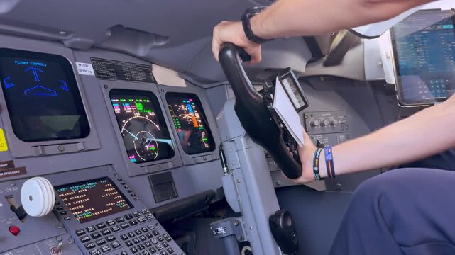 Close up view of a caucasian pilot checking the flight controls in a jet cockpit