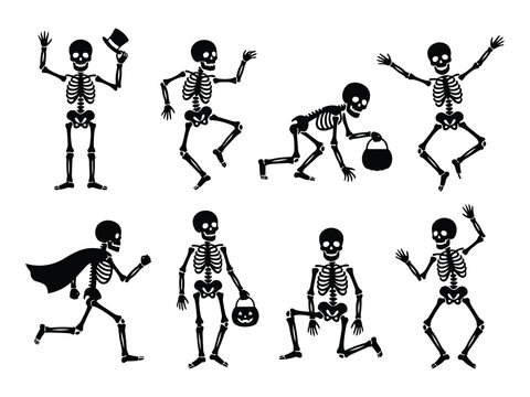 Playful set of black cartoon Halloween skeleton silhouettes dancing running and wearing funny costumes isolated on white