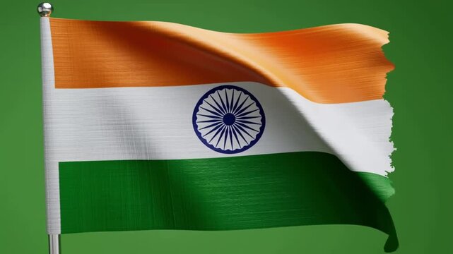 Waving Indian National Flag Against A Solid Green Background.
