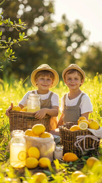 Two young brothers at lemonade stand in sunny summer field