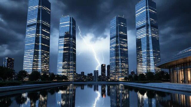 Dramatic view of powerful lightning striking between glowing corporate towers reflecting perfectly on calm water surface under dark ominous storm clouds over modern metropolis area at night