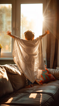 Living Room Takeoff: Child Soars with Towel Cape in Sunlit Imagination