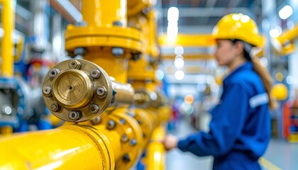 Fototapeta premium Industrial brass valve on yellow pipe in modern factory