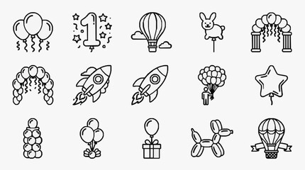 Modern Black and White Line Art Collection of Celebration and Party Icons Featuring Balloons Rockets Hot Air Balloons Banners and More © Diki