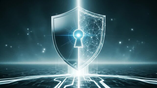 Cybersecurity digital shield with glowing keyhole on blue circuit background for data protection and network safety.