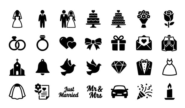 Wedding and romantic celebration icon set with bride groom rings cake bouquet hearts and love symbols isolated on white background