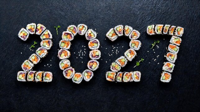 New Year food 2027 colorful sushi-style vegetable rolls arranged in four numeral groups forming