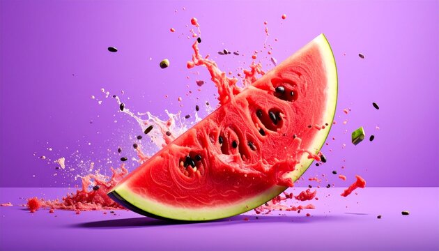 Exploding watermelon slice with seeds against vibrant purple background