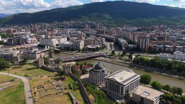 Aerial Panning of Skopje City Center with Vardar River and Kale Fortress Macedonia