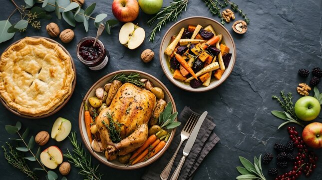 Thanksgiving Day Feast with Roasted Chicken Pie and Autumn Fruits on Slate Background