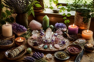 Fototapeta premium A wooden table displays crystals and candles arranged around a large clear crystal. Plants and herbs sit nearby. Natural light comes through the window.