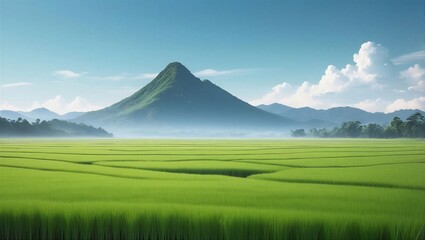 Fototapeta premium Serene green rice field and mountain scenery with massive negative space for clean OS background