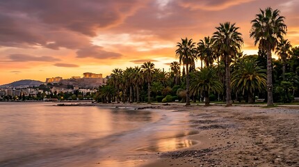Fototapeta premium Athens Acropolis sunset over palm tree lined beach and calm sea, Greece