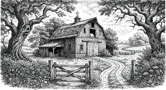 Antique Vintage Woodcut Engraving of a Rustic Rural Wooden Barn Featuring a Large Open Doorway Enclosed by Split Rail Fence and Towering Deciduous Tree in a Scenic Pastoral Countryside Setting