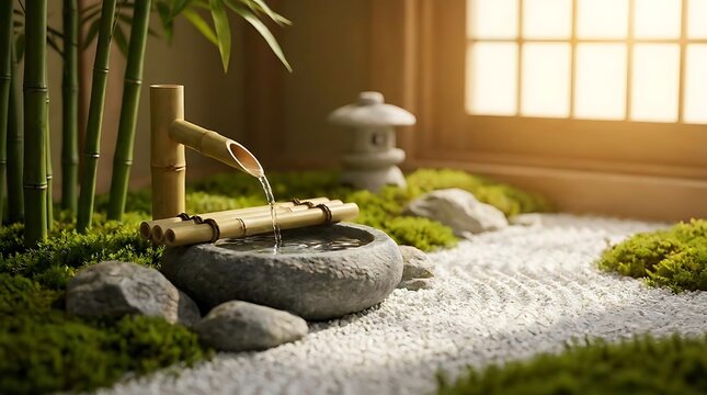 A peaceful zen garden indoor interior featuring a tiny water feature with bamboo fountain pouring fresh water into a stone basin on raked gravel sand