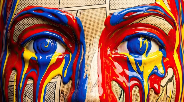 Abstract trippy background with melting eyes concept. Vibrant paint drips illustrate emotional expression on a face.