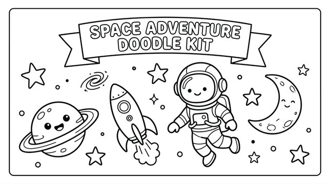 Space Adventure Doodle Kit: Astronaut, Rocket, Planets and Stars Outline Illustrations.
