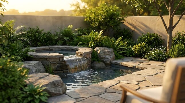 A beautiful residential backyard oasis featuring a tiny water feature with a stone waterfall flowing into a tranquil swimming pool surrounded by greenery