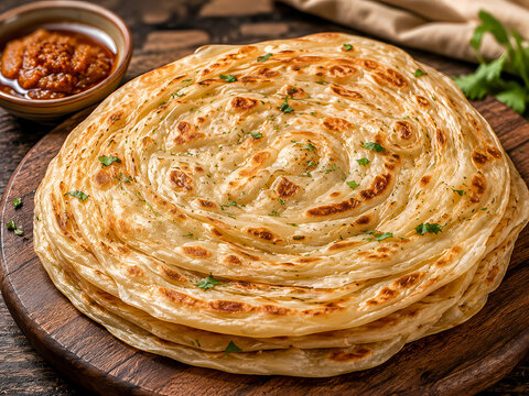 Crispy Layered Lachha Paratha on Wooden Plate