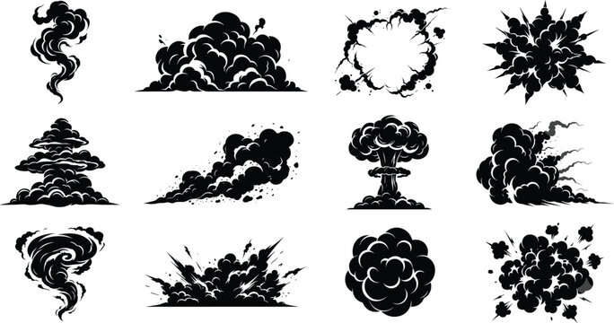Explosion and smoke vector illustration set featuring dynamic blast effects, vapor clouds, shockwaves, and stylized impact patterns