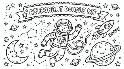 Whimsical Astronaut Doodle Kit Featuring Space Planets and Rocket. © pixmastock