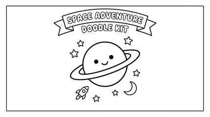 Space Adventure Doodle Kit Illustration with Planet Saturn and Rocket. © pixmastock
