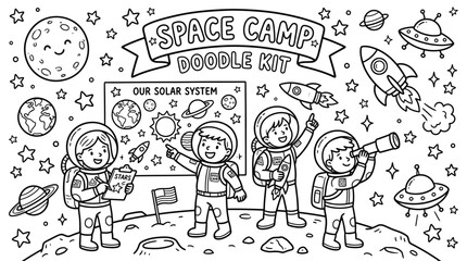 Doodle illustration of space camp astronauts exploring the solar system. © pixmastock