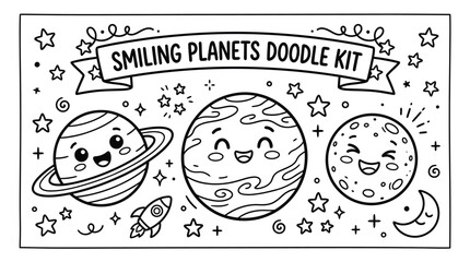 Smiling Planets Doodle Kit: Playful Space Planets and Rocket Characters for Kids. © pixmastock