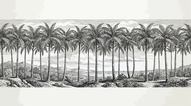 Exquisite vintage engraved palm tree row vector illustration featuring a detailed tropical island landscape composition with exotic botanical elements and classic retro woodcut etching style.