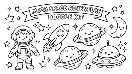Whimsical space adventure doodles featuring astronaut, rockets and planets. © pixmastock