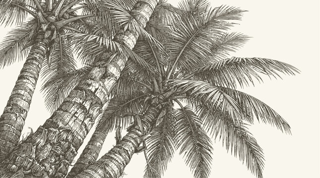 Antique engraved vintage illustration featuring a row of majestic palm trees in a detailed tropical landscape, classic woodcut style vector artwork for retro design and exotic botanical decor