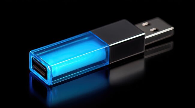 Blue Usb Flash Drive with Glowing Light on Black Background