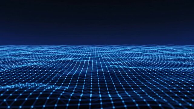 Blue digital wireframe wave moving as a topographic data grid in dark space.