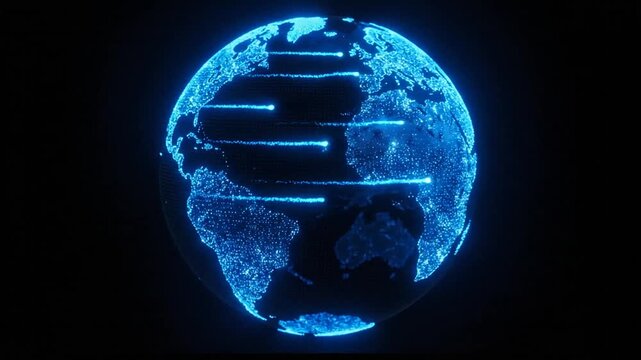 Blue glowing digital earth globe rotates with global data network connections