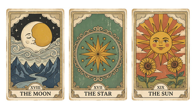 Vintage tarot cards with moon star and sun illustrations transparent background